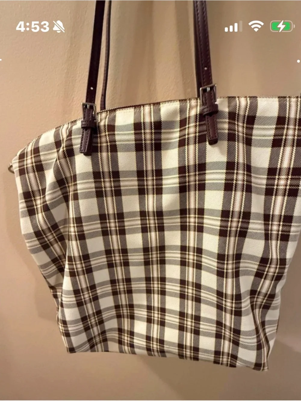 Tory Burch Plaid Canvas Tote Bag with Brown Trim and crossbody strap